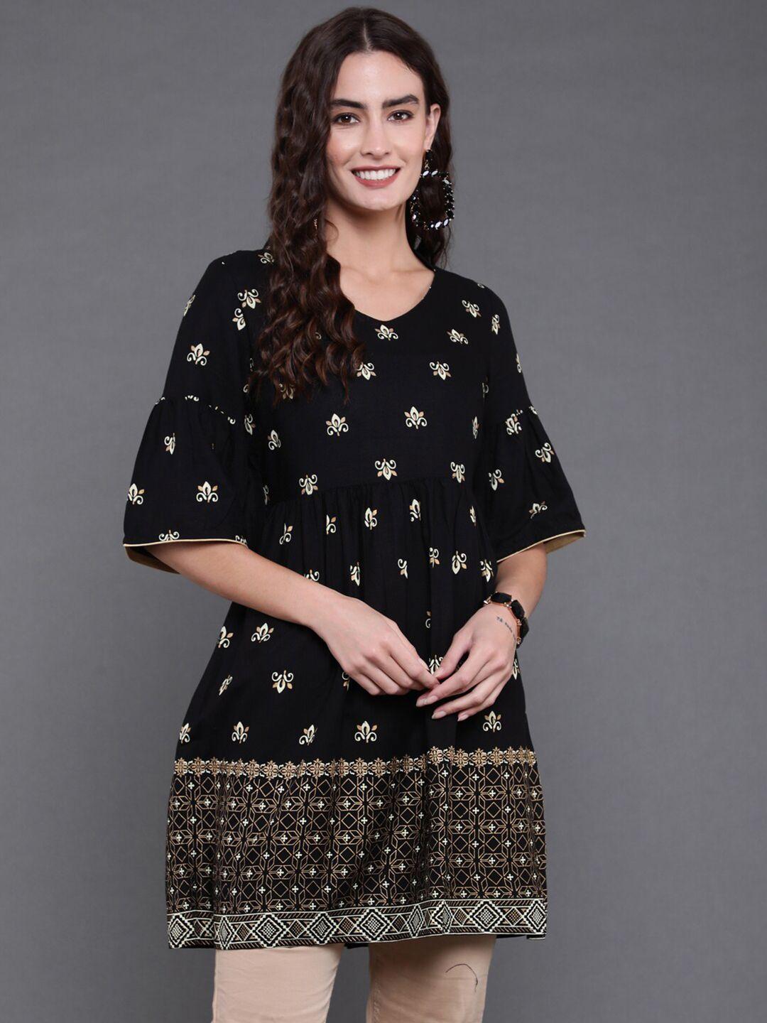 antaran ethnic motif printed bell sleeves tunic with gather details