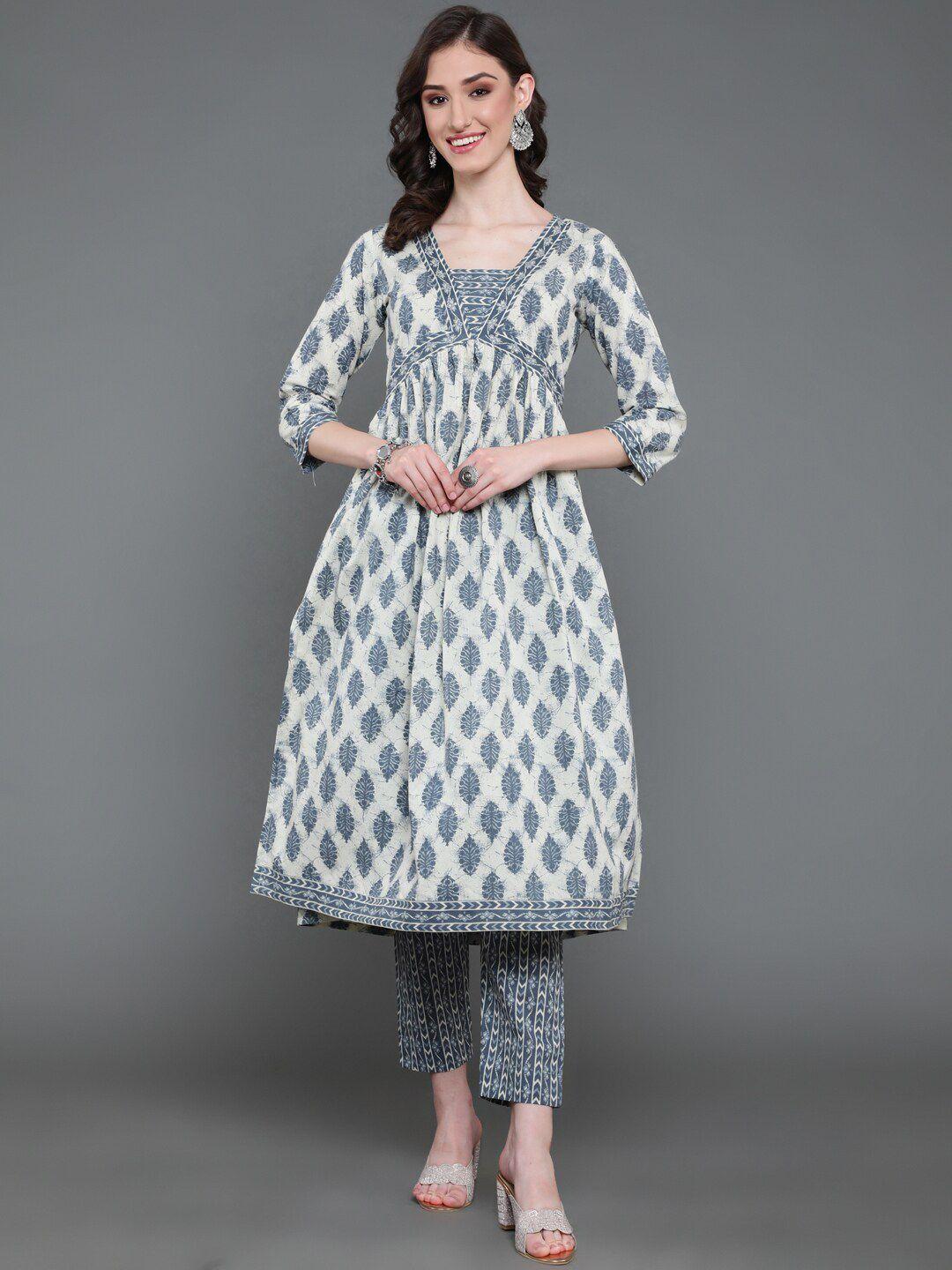 antaran ethnic motifs printed empire sequinned pure cotton kurta with trousers