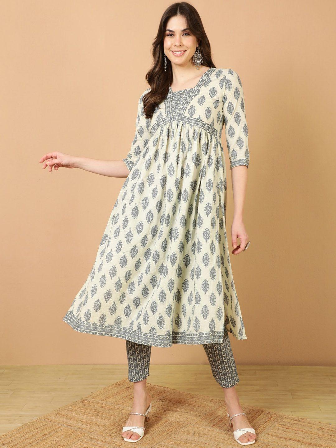 antaran ethnic motifs printed pleated sequined a-line pure cotton kurta with trousers