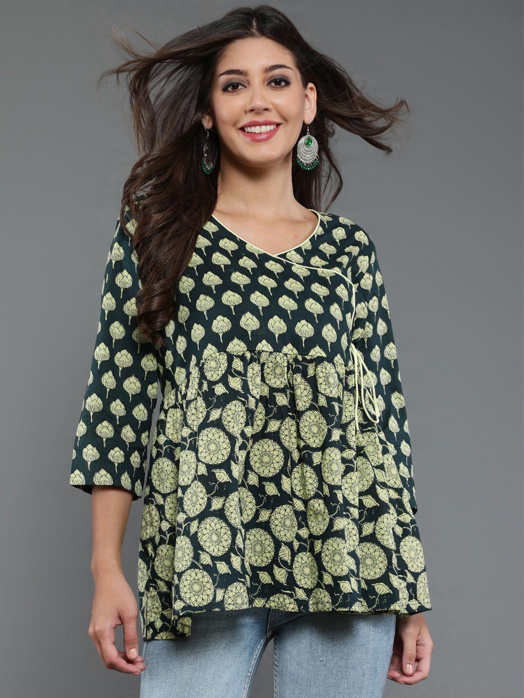 antaran ethnic motifs printed v-neck tie-ups detail cotton empire top