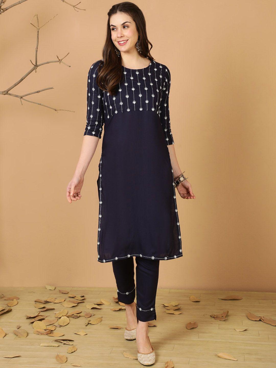 antaran floral embroidered mirror work kurta with trousers