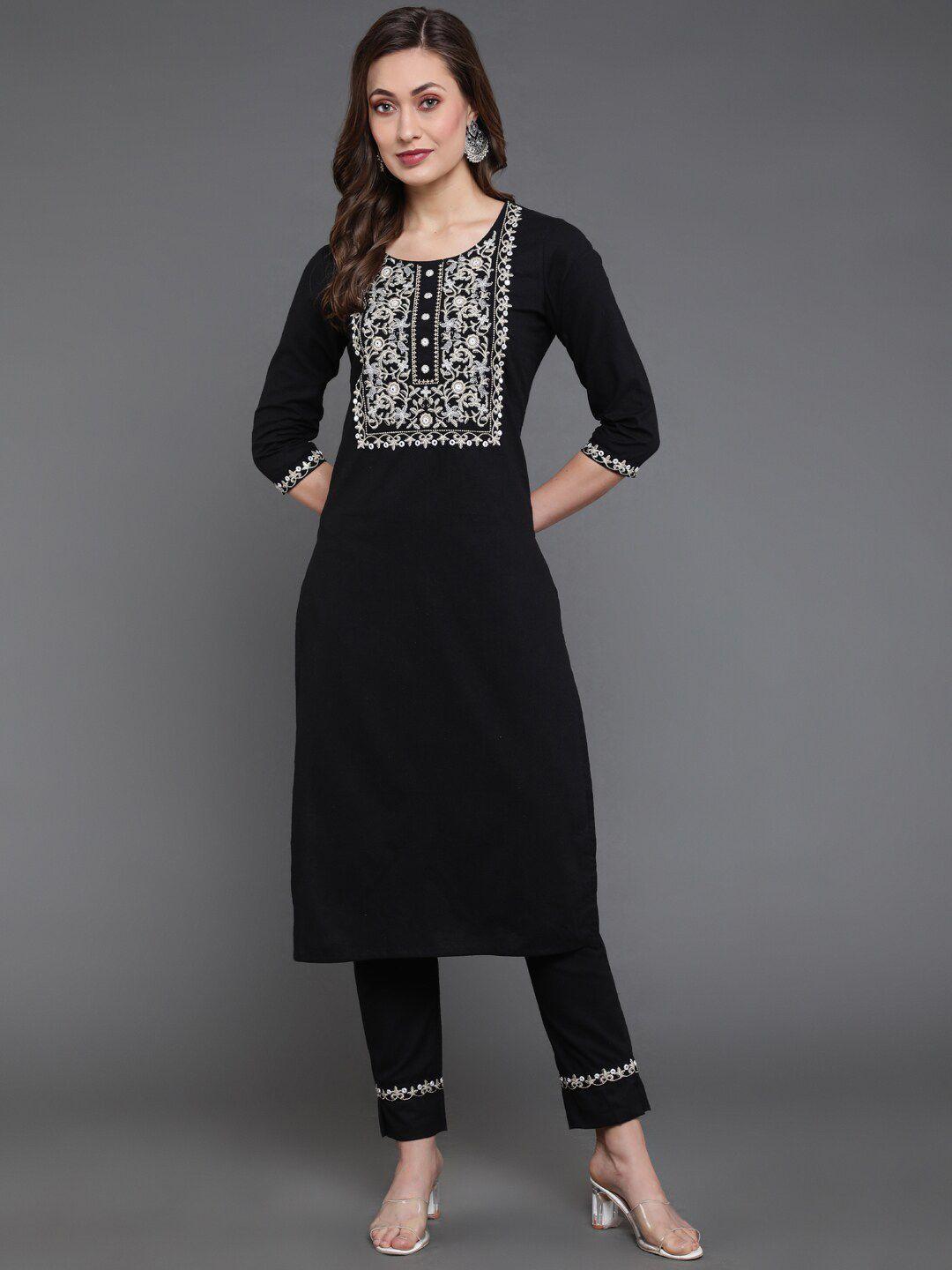 antaran floral embroidered mirror work pure cotton kurta with trousers