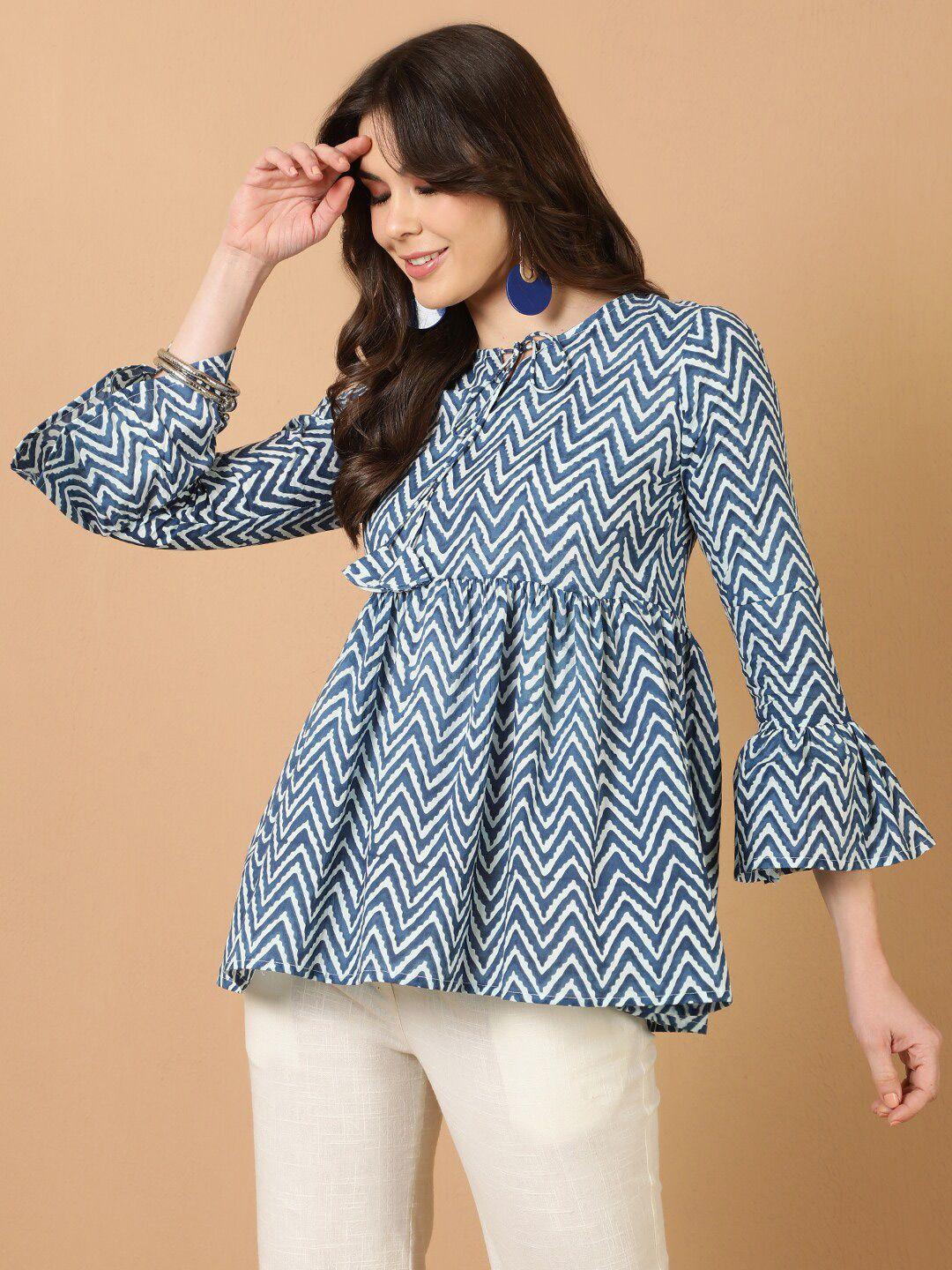 antaran geometric print bell sleeve cotton empire top