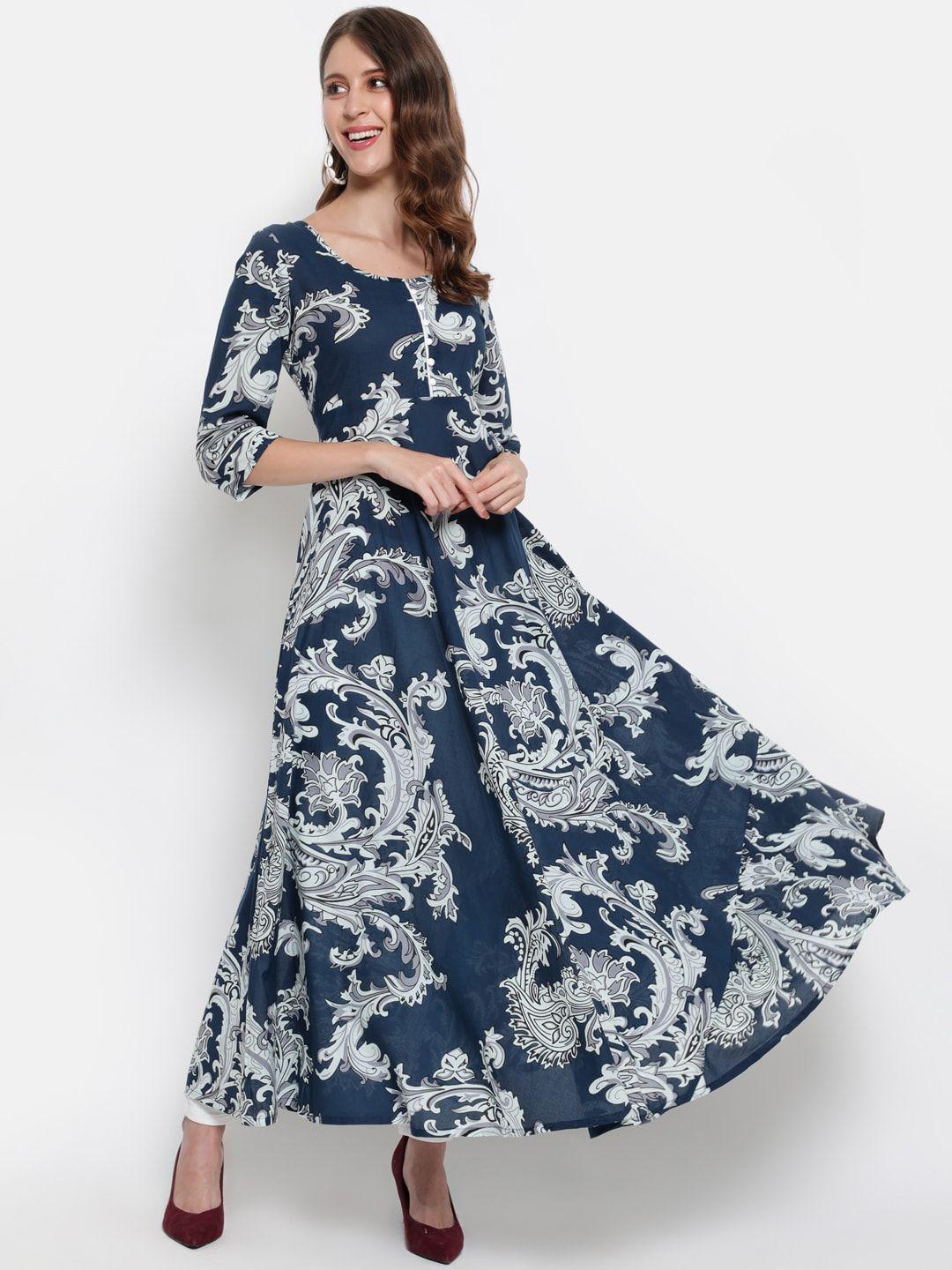 antaran navy blue & white floral ethnic maxi dress