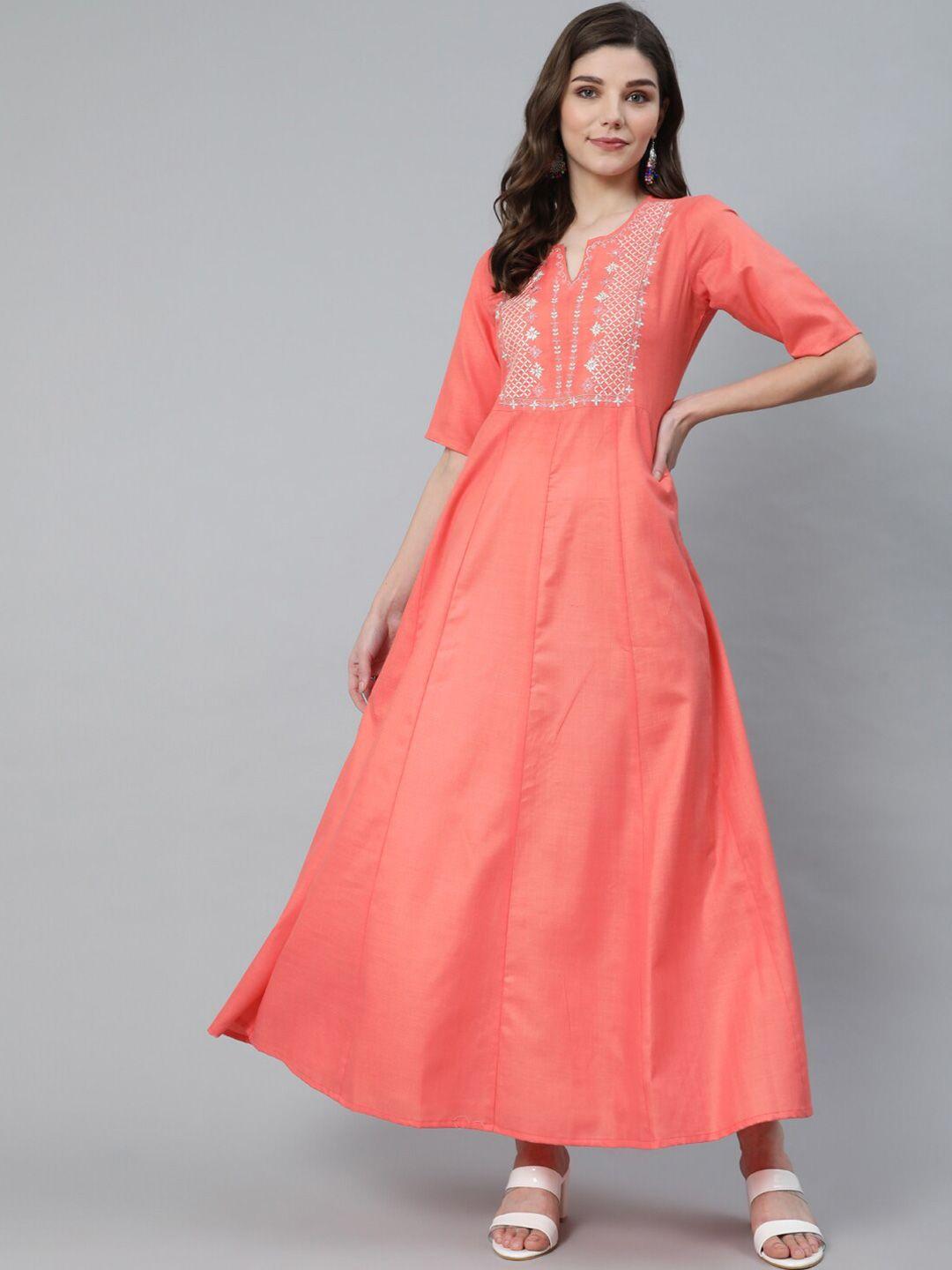 antaran peach-coloured ethnic motifs embroidered keyhole neck ethnic maxi dress