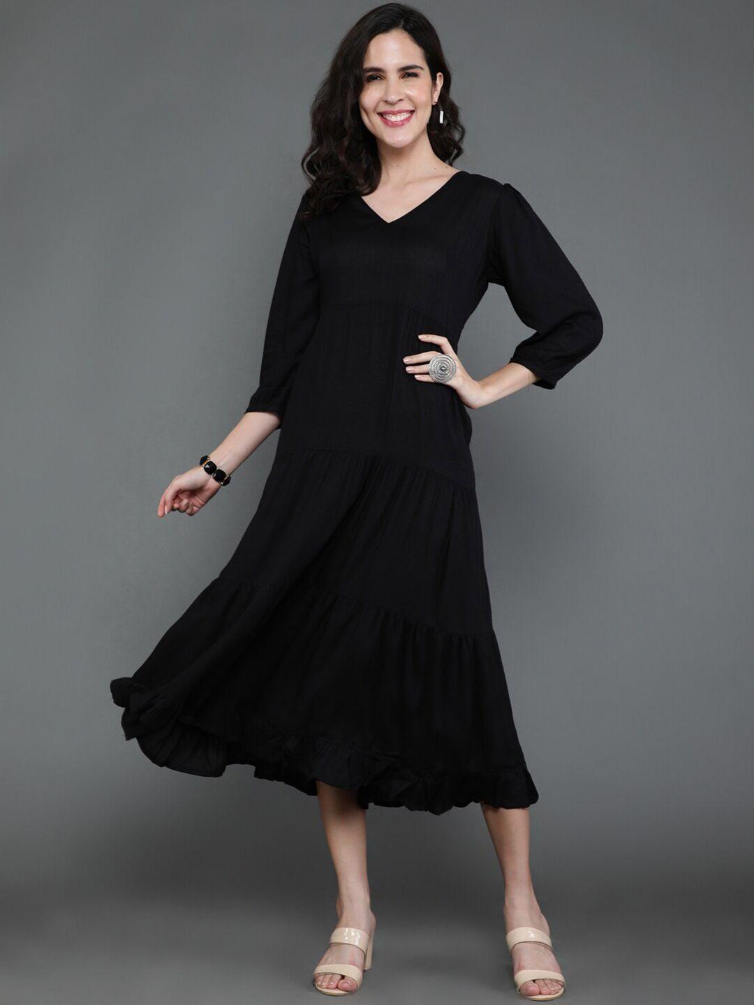 antaran v-neck puff sleeves gathered detailed tiered a-line midi dress
