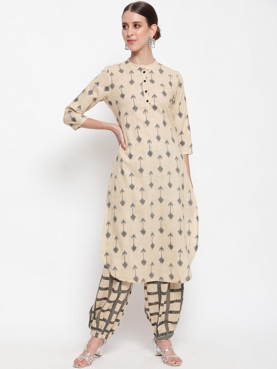 antaran women beige & black printed regular pure cotton kurta with salwar