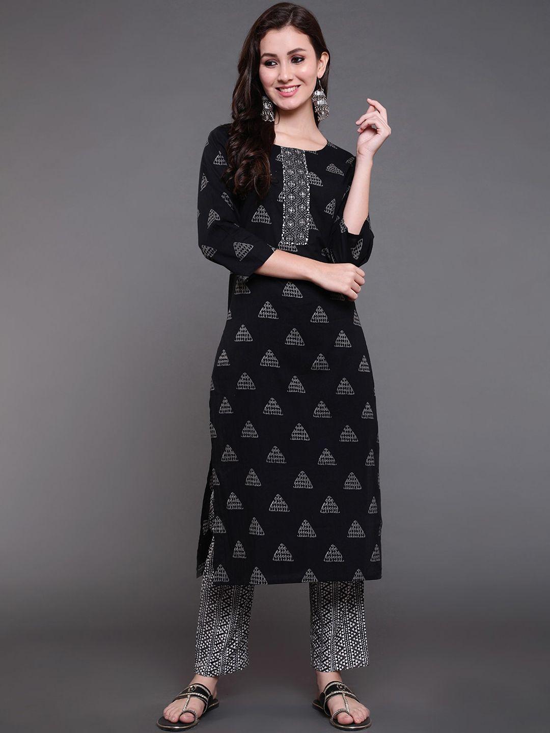 antaran women black ethnic motifs printed pure cotton kurta set