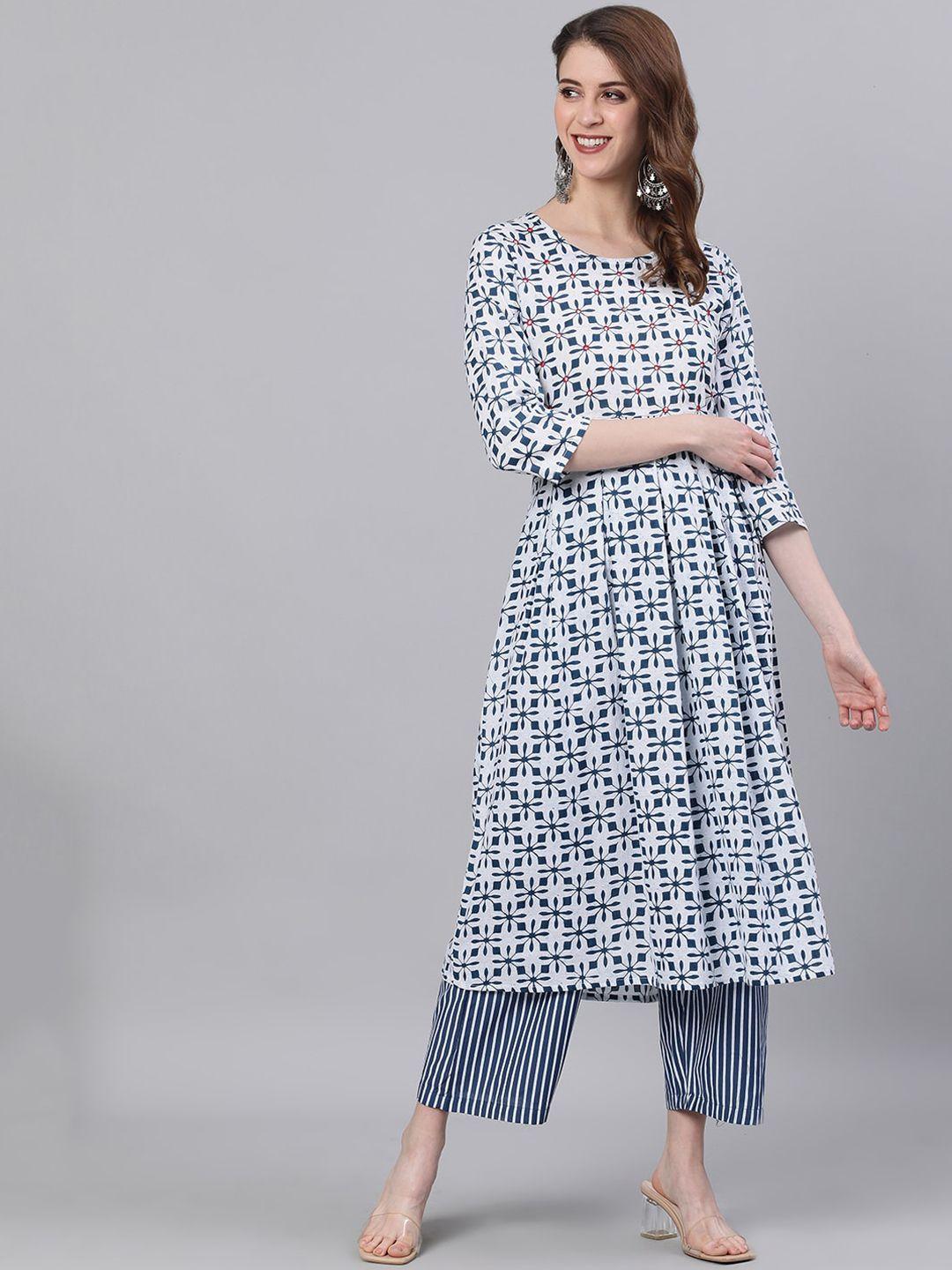 antaran women blue & white printed kurta