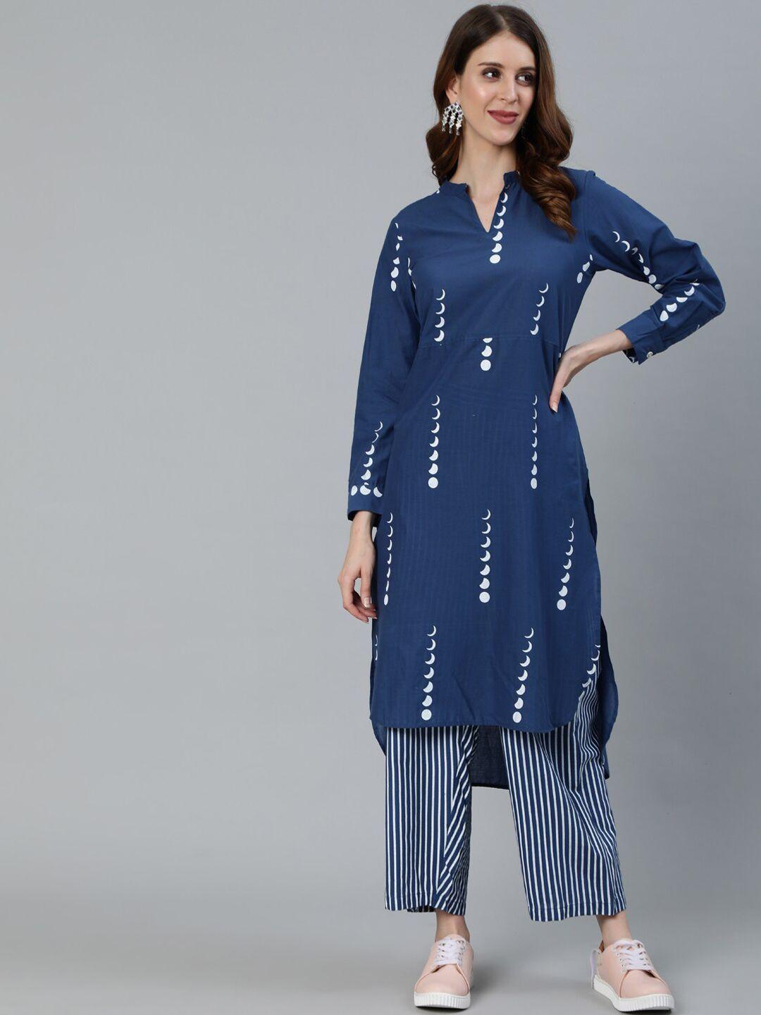 antaran women blue printed pleated pure cotton kurta with palazzos