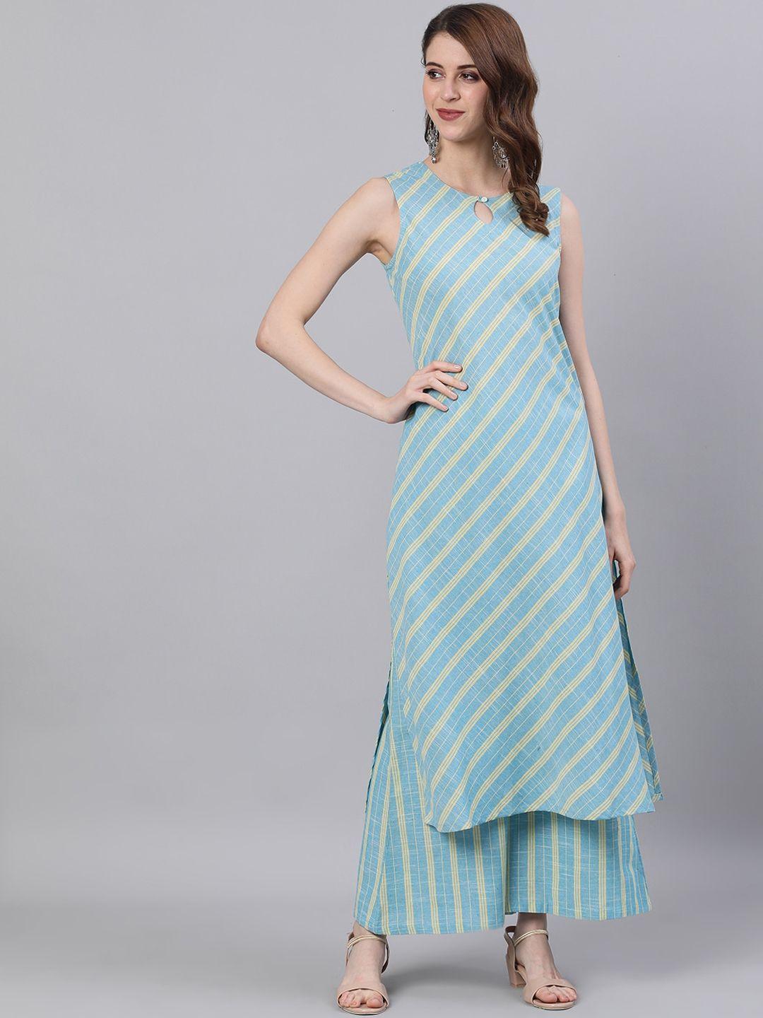 antaran women blue striped straight pure cotton kurta with palazzo