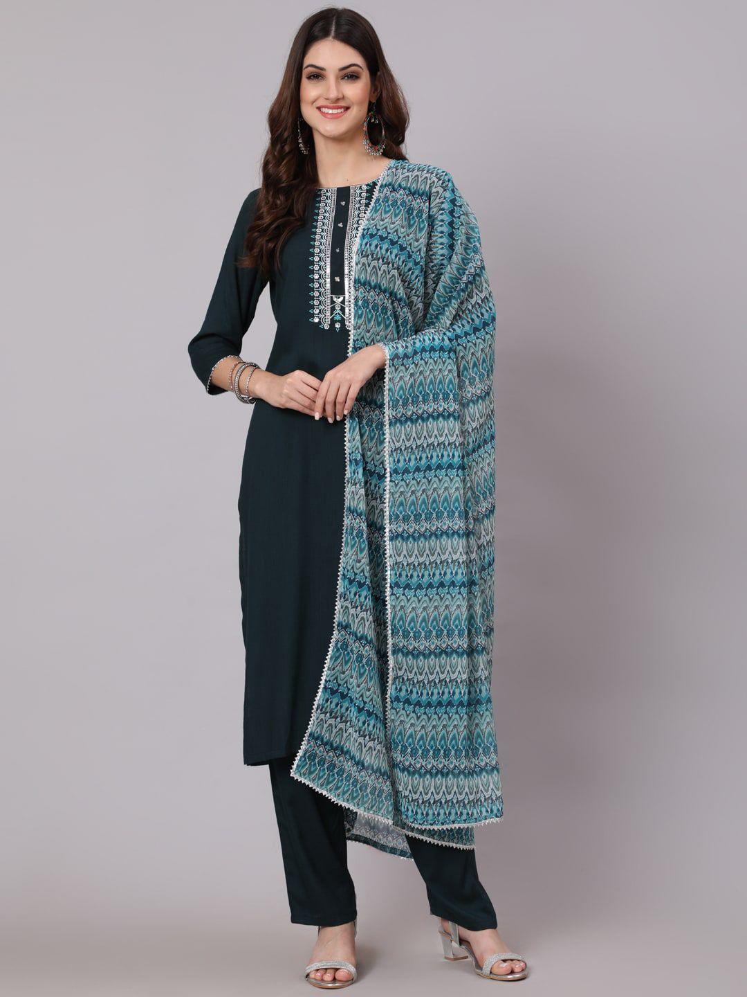 antaran women blue thread work kurta with trousers & with dupatta