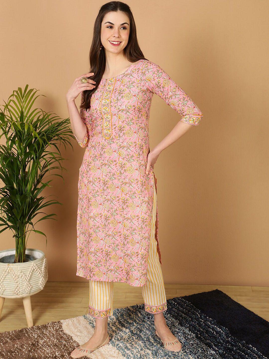 antaran women floral printed regular pure cotton kurta with trousers