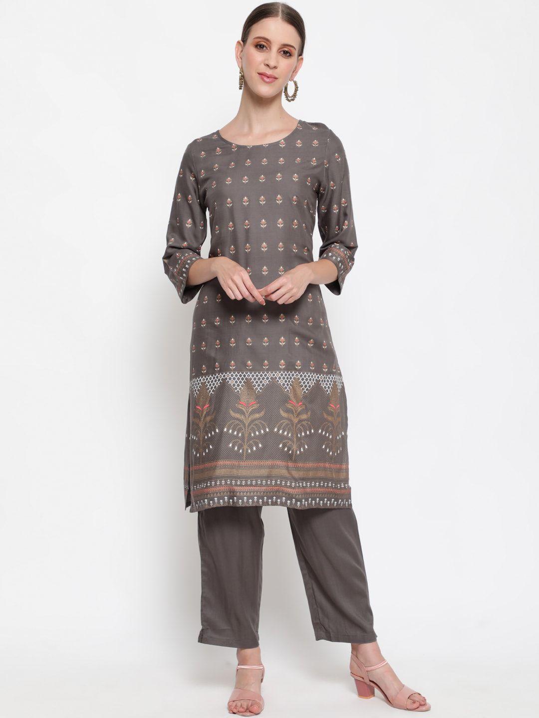 antaran women grey ethnic motifs printed regular pure cotton kurta with trousers
