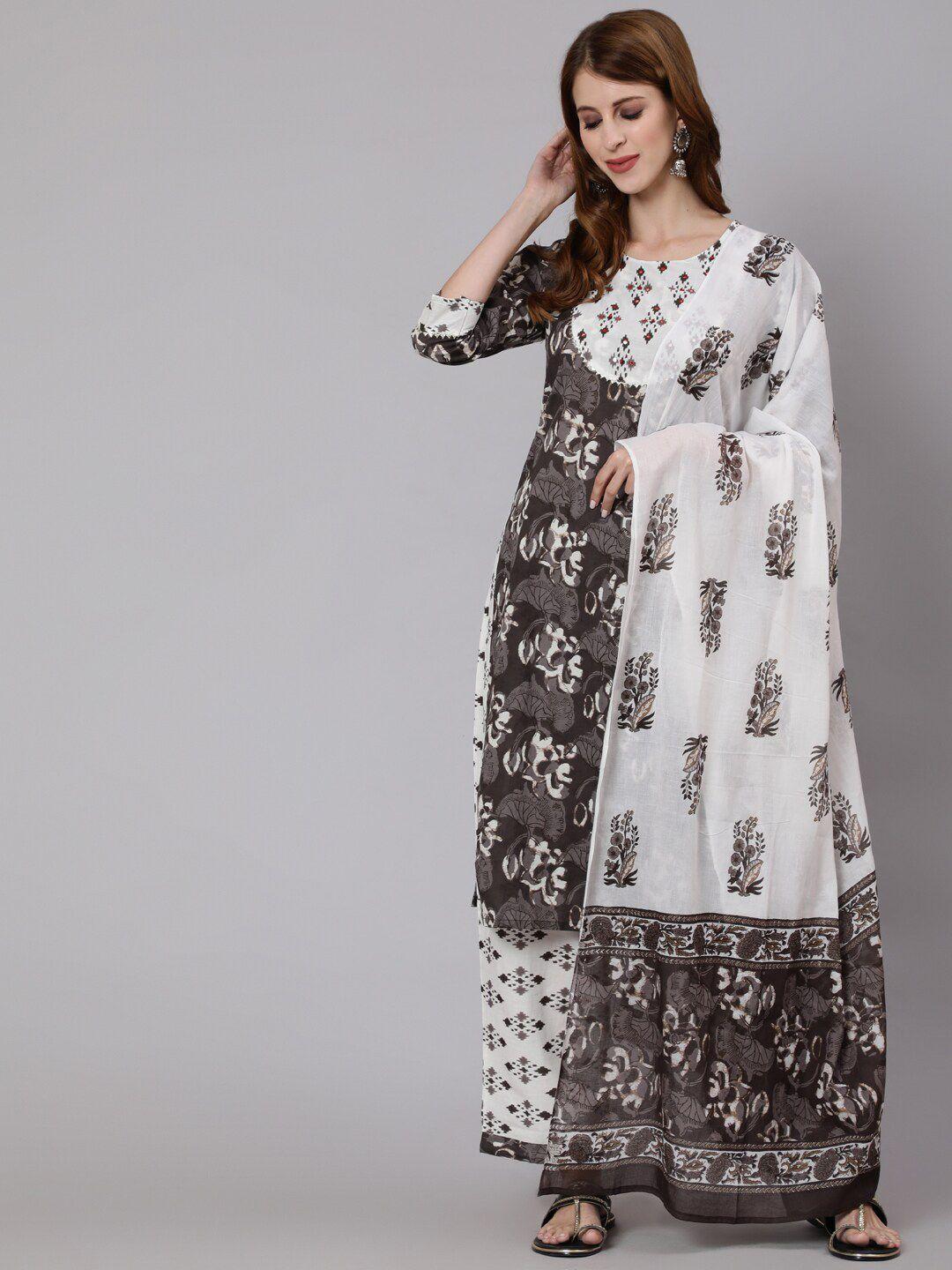 antaran women grey floral printed pure cotton kurta with palazzos & with dupatta