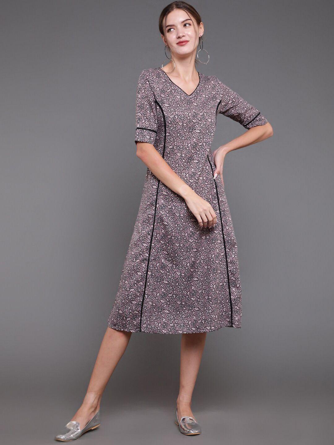 antaran women grey floral pure cotton a-line midi dress