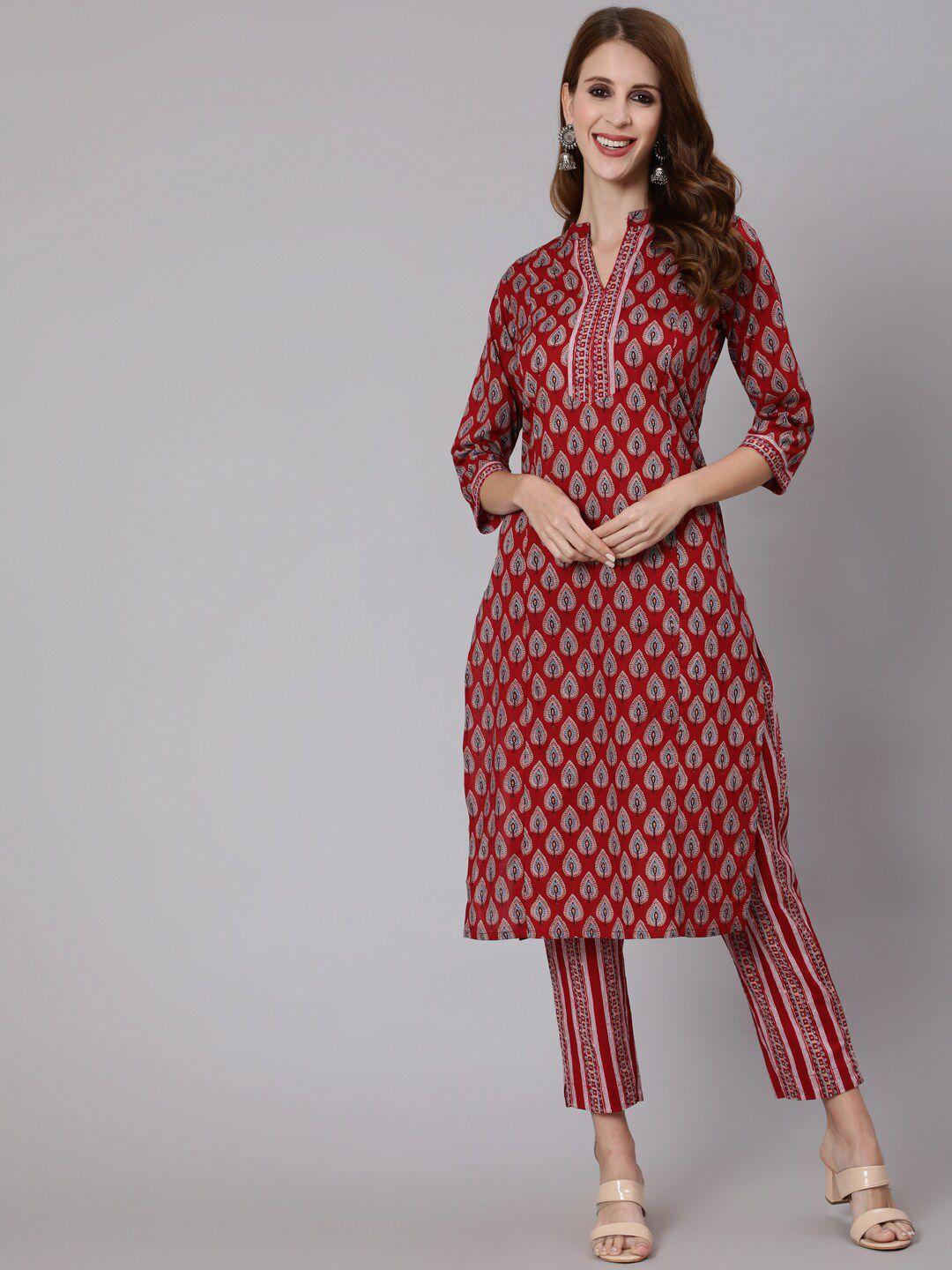 antaran women maroon ethnic motifs printed pure cotton kurta set