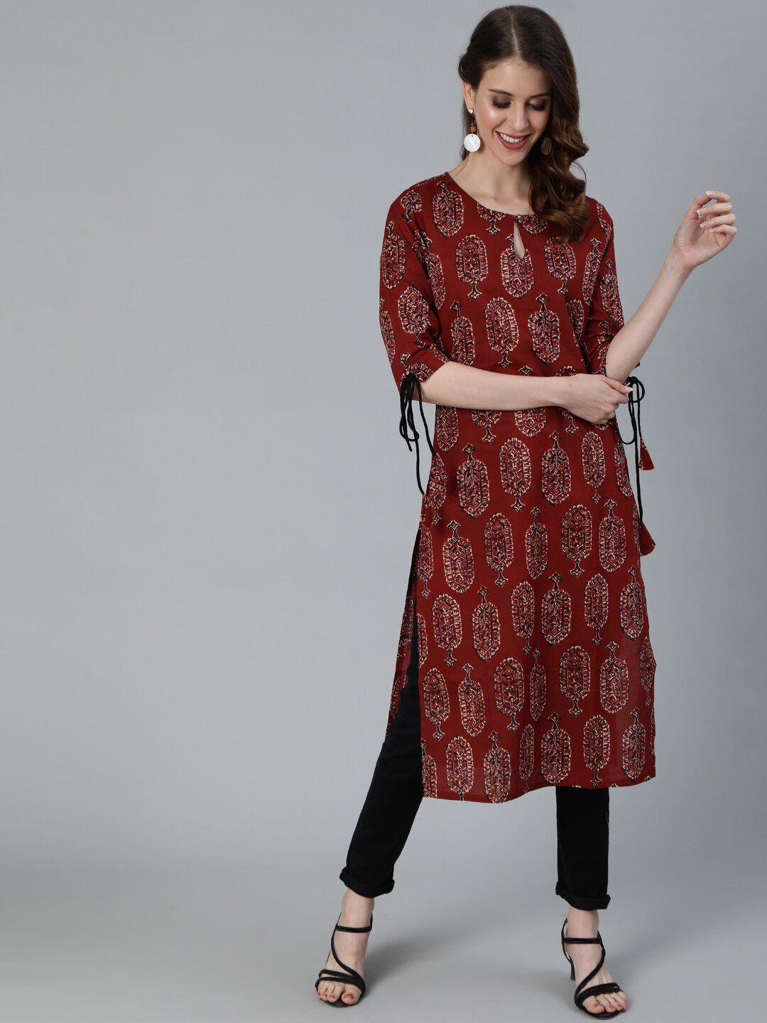 antaran women maroon paisley printed keyhole neck kurta