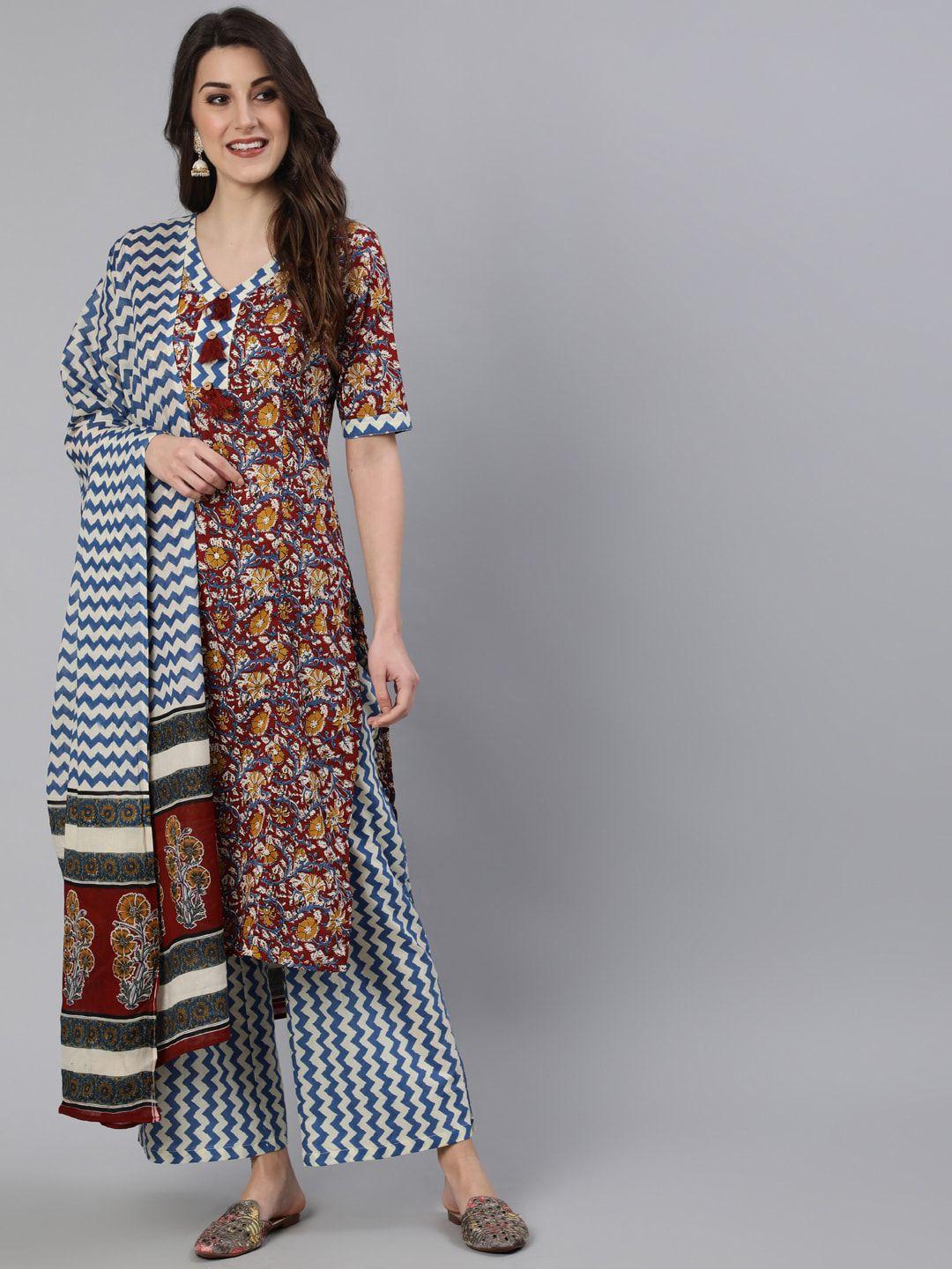 antaran women maroon printed pure cotton kurta with palazzos & with dupatta