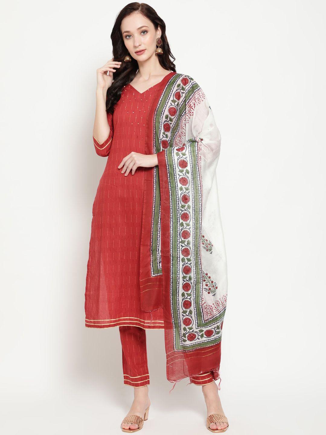 antaran women maroon regular sequinned pure cotton kurta with trousers & with dupatta