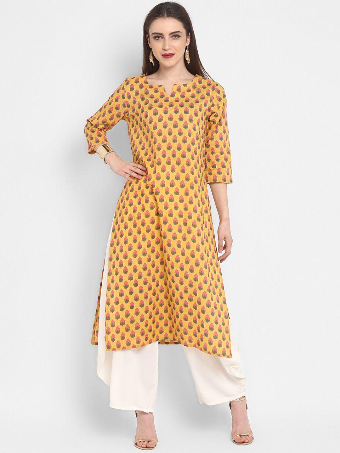 antaran women mustard yellow & pink ethnic motifs printed kurta