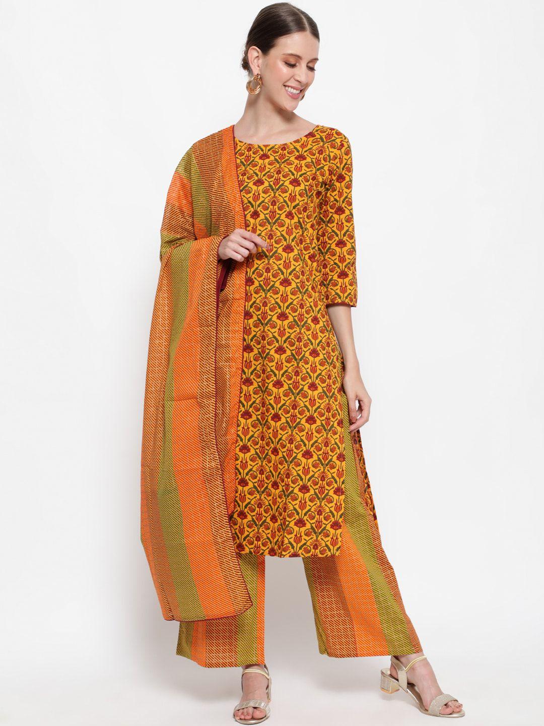 antaran women mustard yellow printed regular pure cotton kurti with palazzos & dupatta