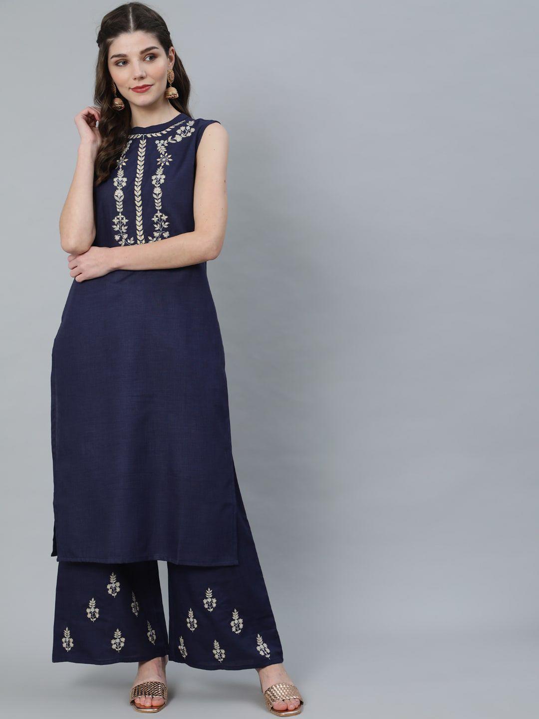 antaran women navy blue ethnic motifs yoke design pure cotton kurta with palazzos
