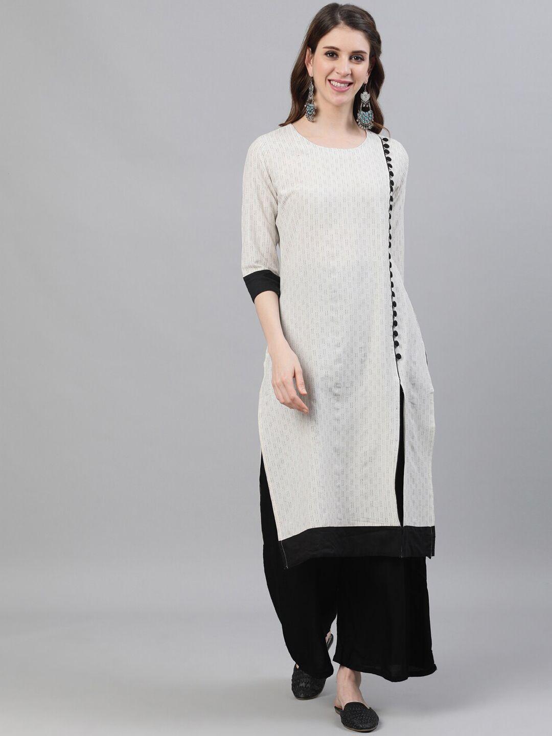 antaran women off white & black thread work cotton kurta