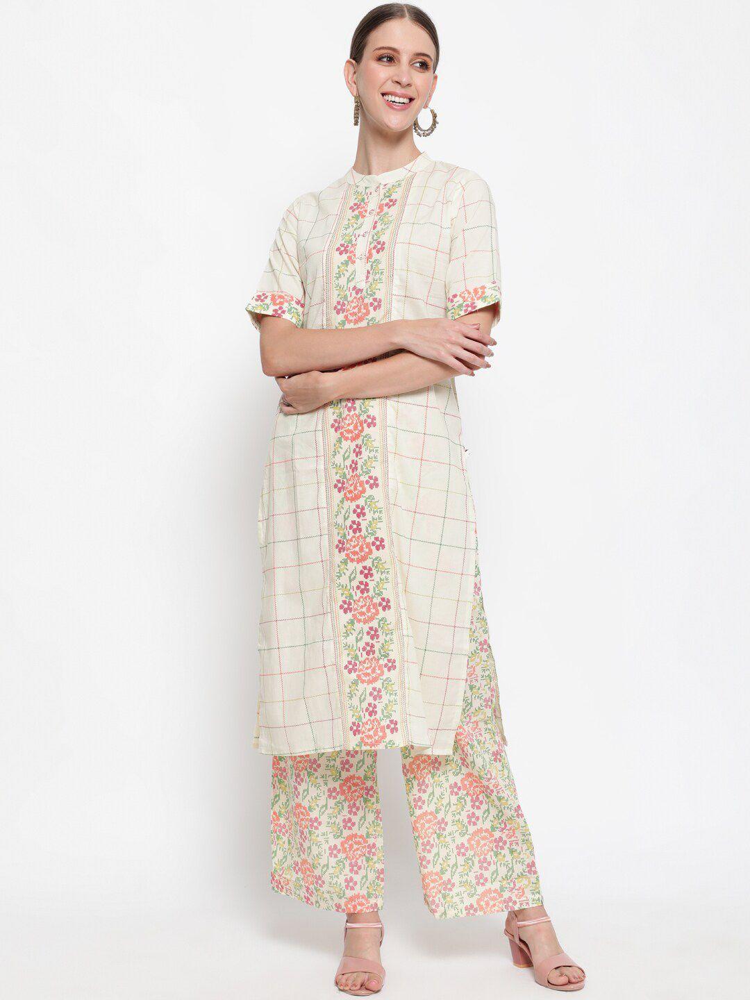 antaran women off white floral printed regular pure cotton kurta with palazzos