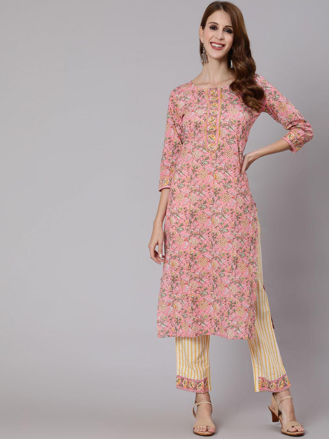 antaran women pink floral printed pure cotton kurta with trousers
