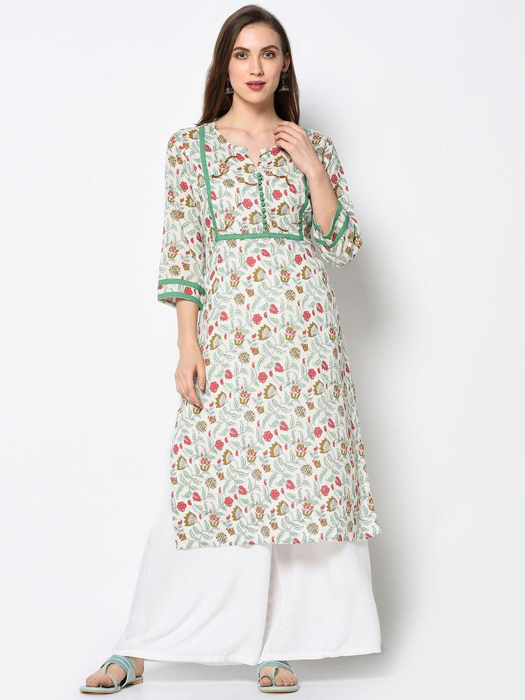 antaran women white & green ethnic motifs printed kurta