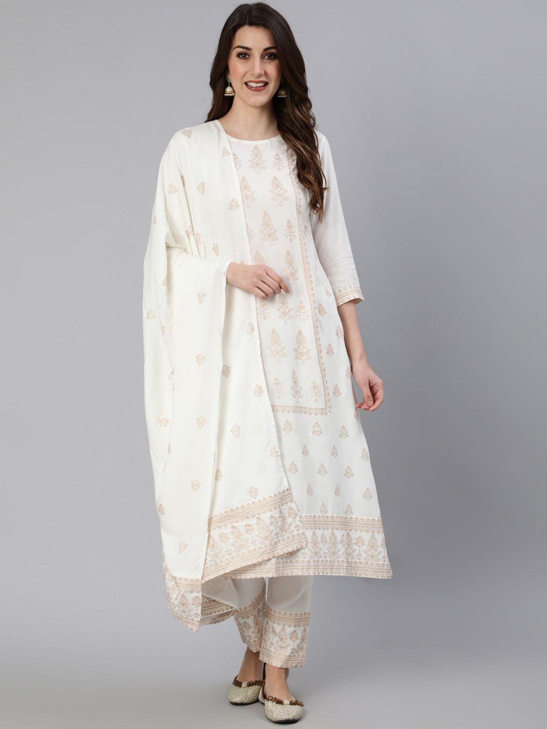 antaran women white ethnic motifs embroidered panelled kurti with trousers & with dupatta