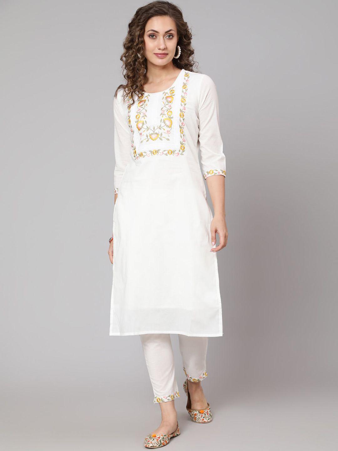 antaran women white floral yoke design empire pure cotton kurti with trouser