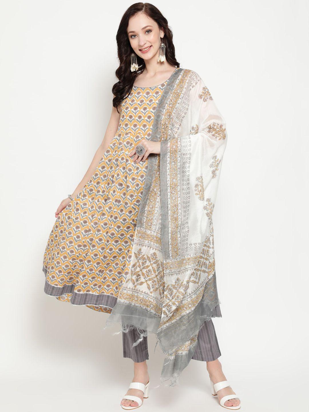 antaran women yellow & grey floral printed pleated pure cotton kurta set & with dupatta