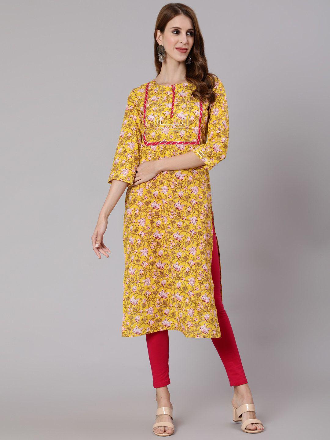 antaran women yellow & pink floral printed gotta patti work kurta