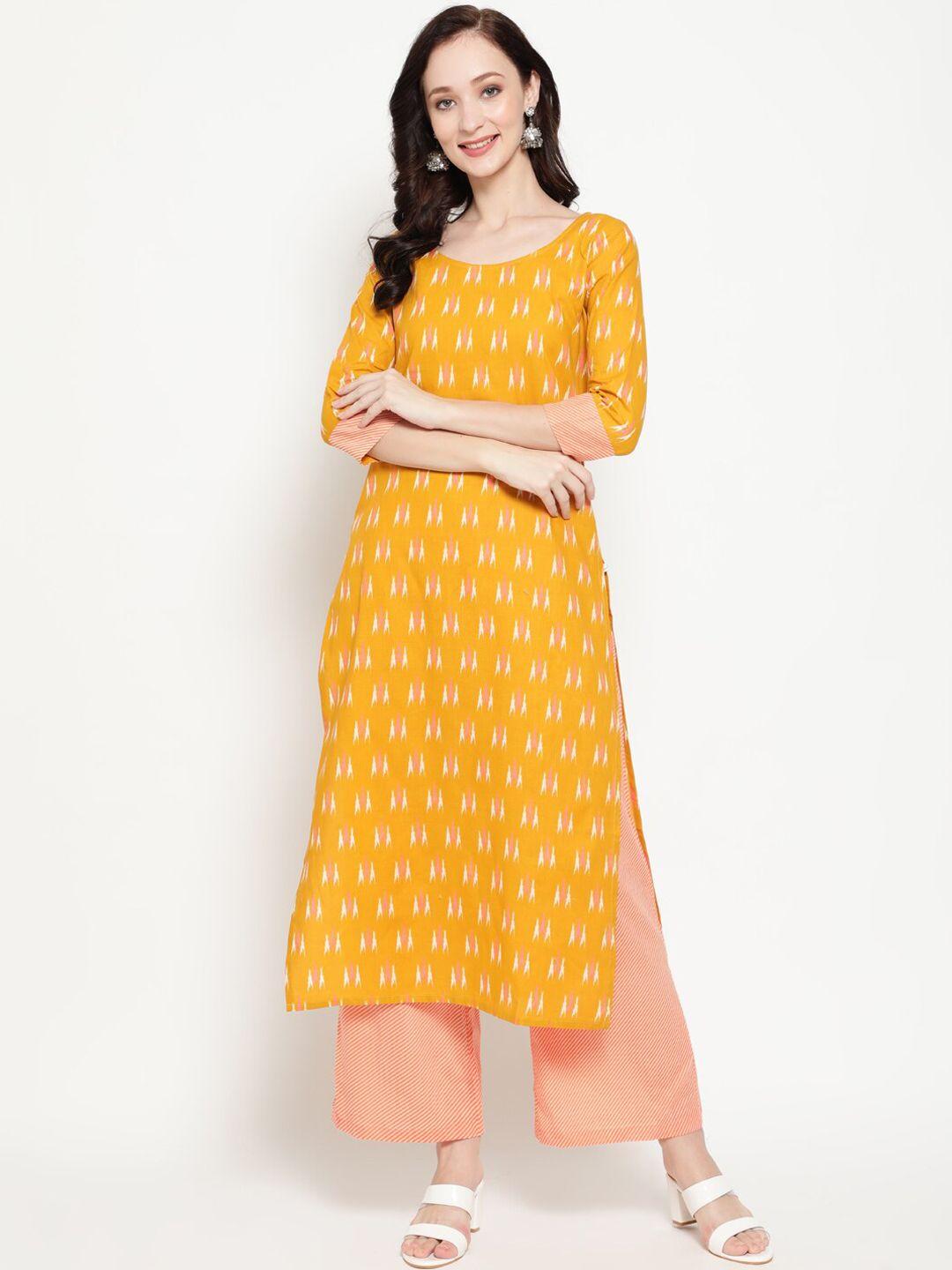 antaran women yellow & pink printed regular pure cotton kurta with palazzos