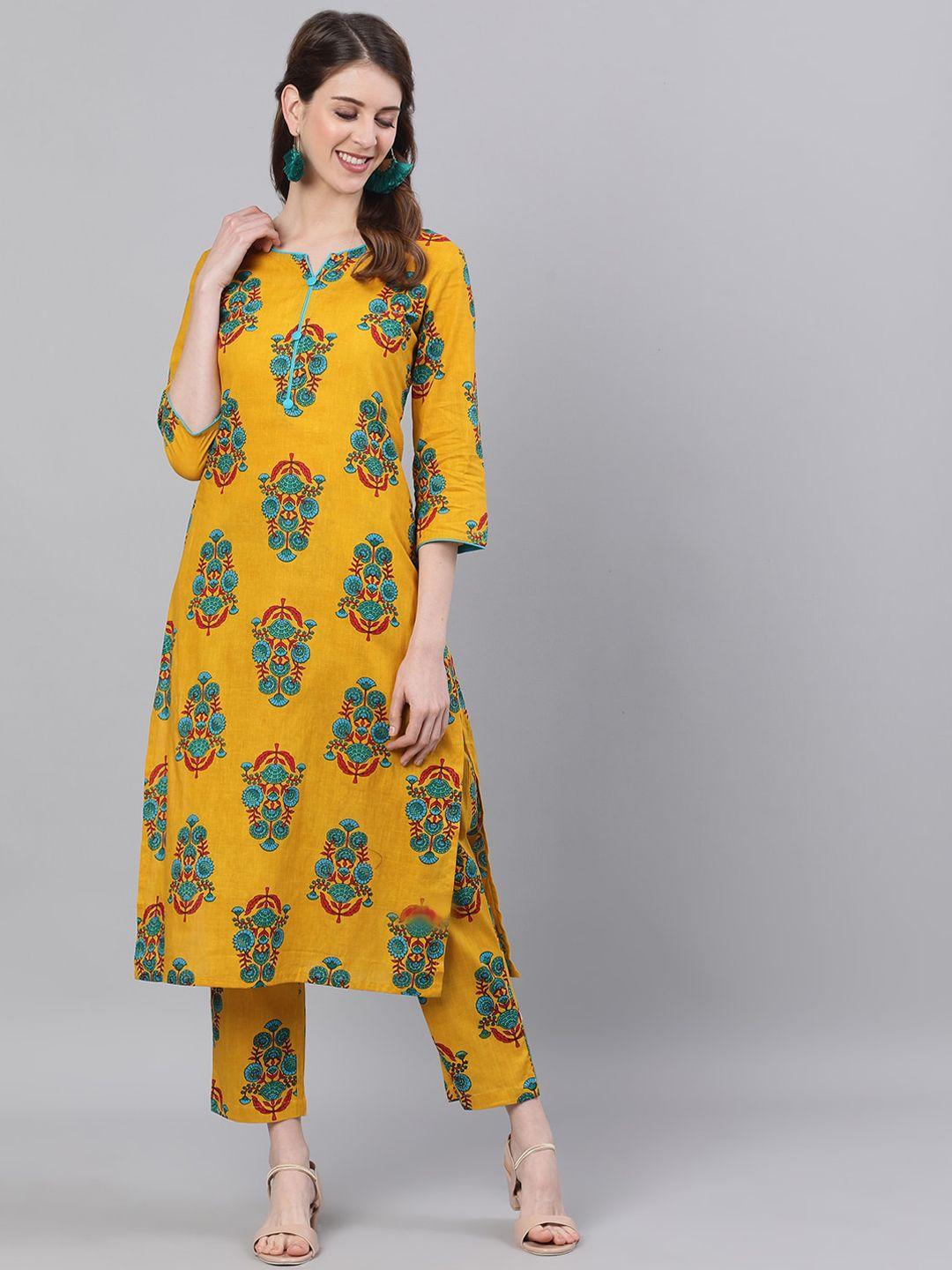 antaran women yellow & turquoise blue ethnic motifs printed pure cotton kurta & trousers
