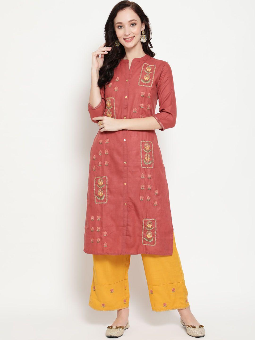 antaran women yellow ethnic motifs embroidered regular kurti with palazzos