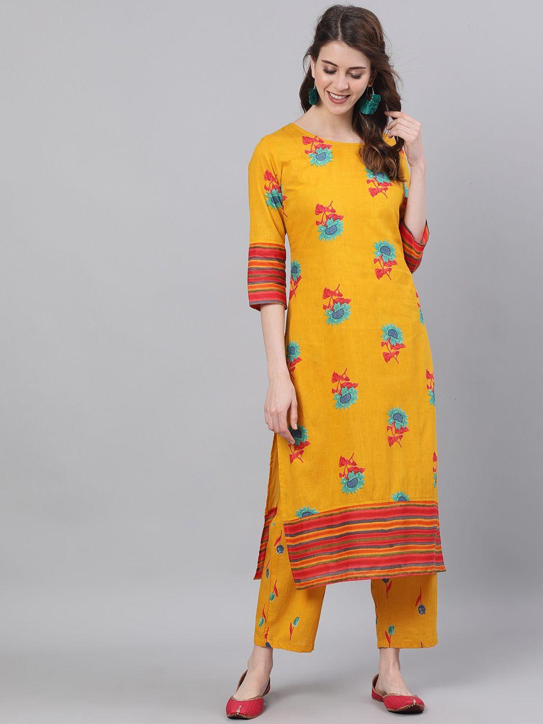 antaran women yellow floral printed regular pure cotton kurta with trousers