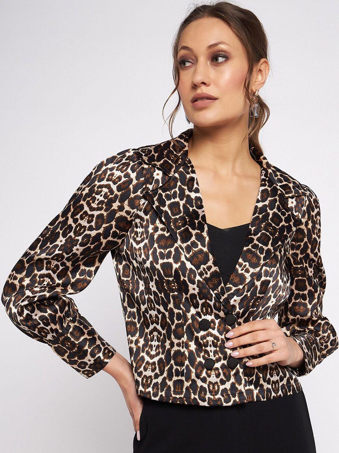antheaa animal-printed regular fit single breasted cropped blazer