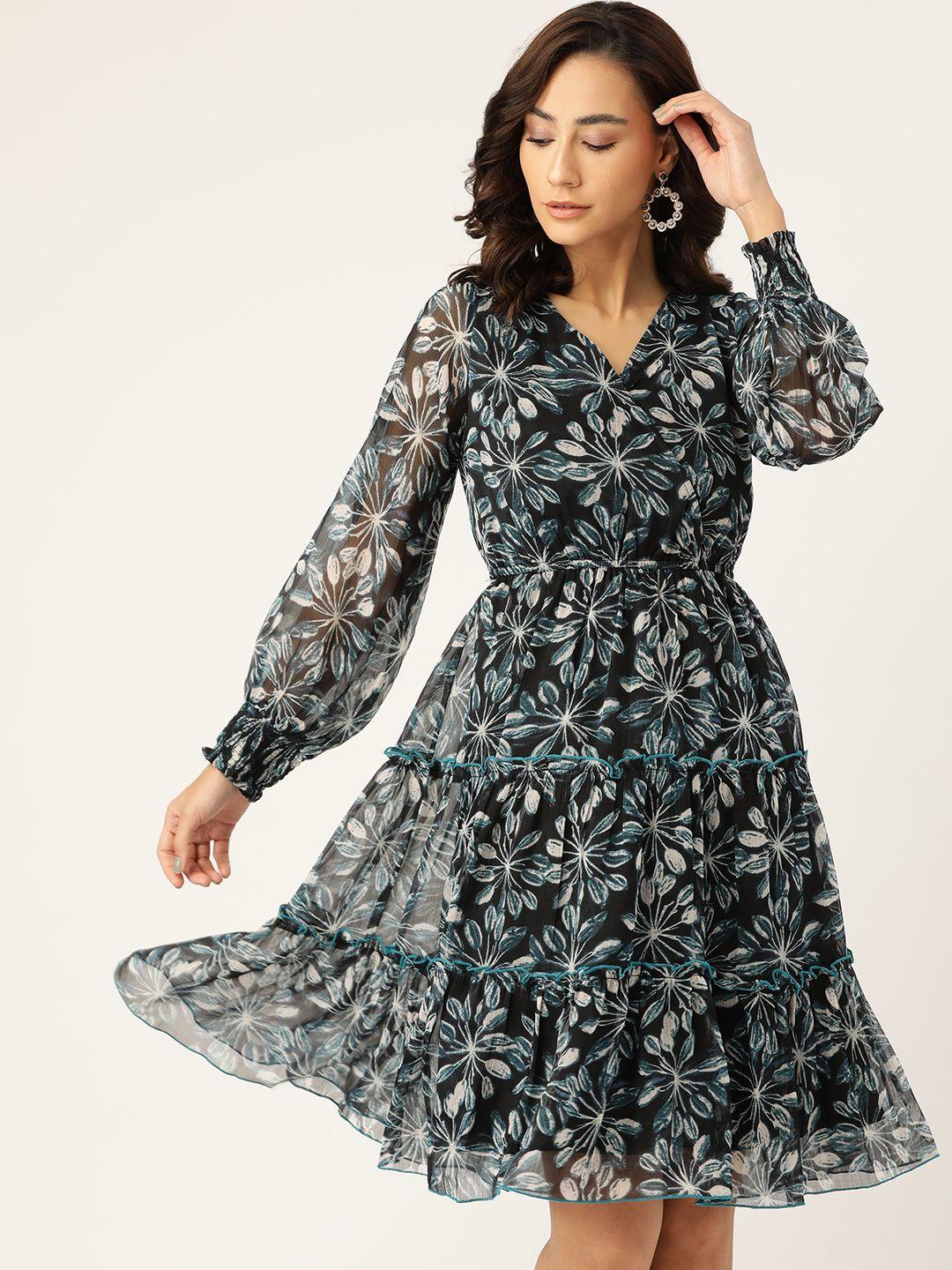 antheaa black & blue floral chiffon midi dress