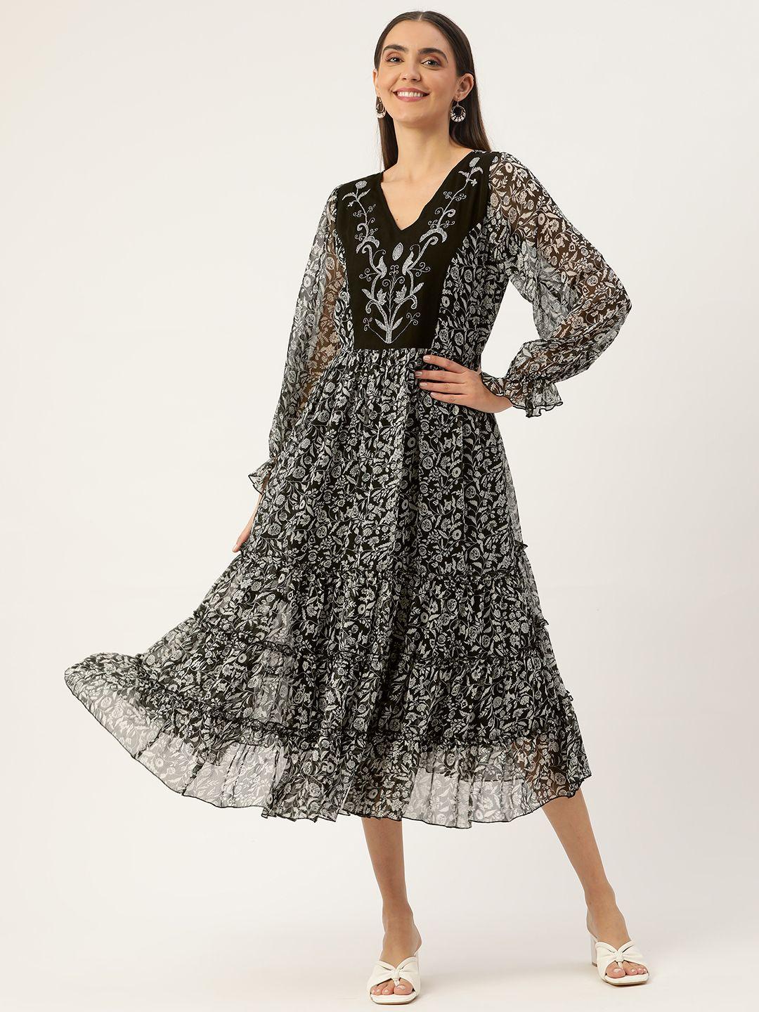 antheaa black & white floral embroidered detail tiered dress