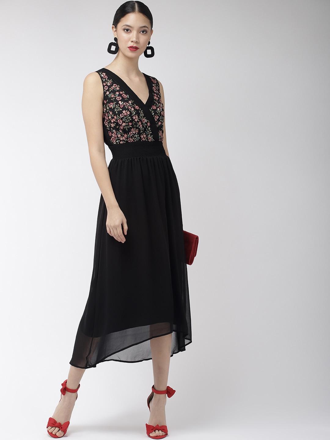antheaa black embroidered wrap detail party dress