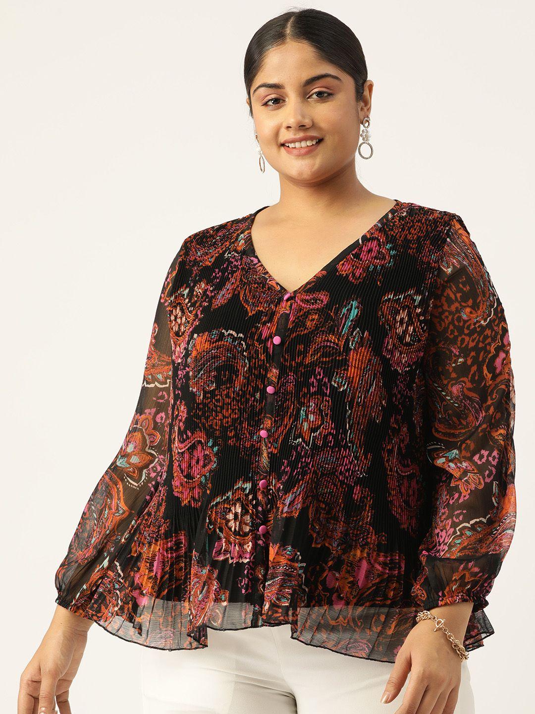 antheaa curve plus size ethnic motifs printed pleated chiffon a-line top