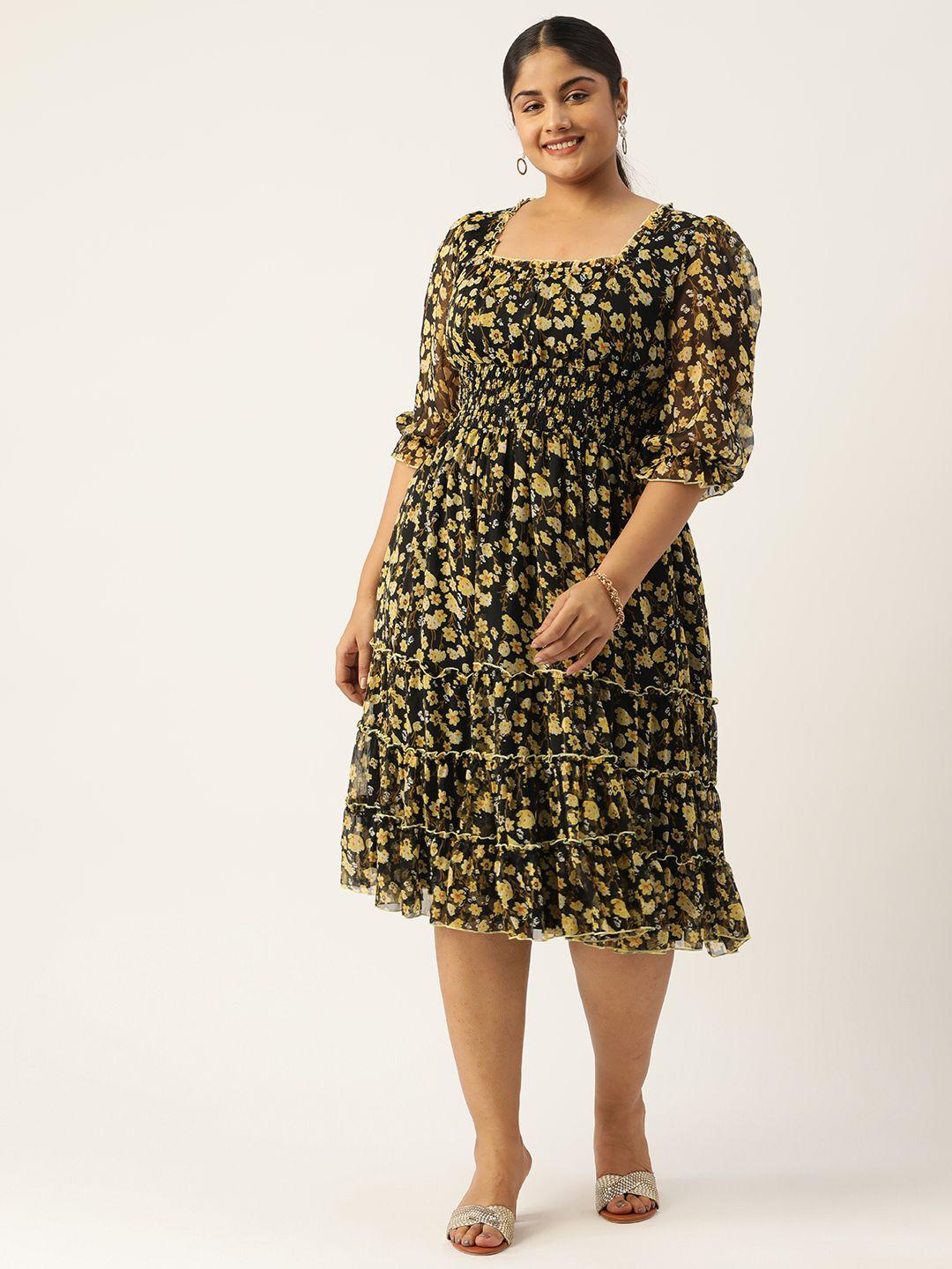 antheaa curve plus size floral print puff sleeves chiffon midi dress with smocked detail