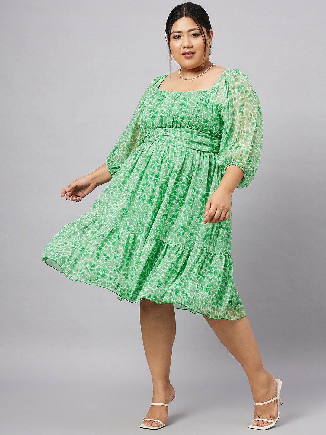 antheaa curve plus size floral printed puff sleeves gathered & tiered chiffon empire dress