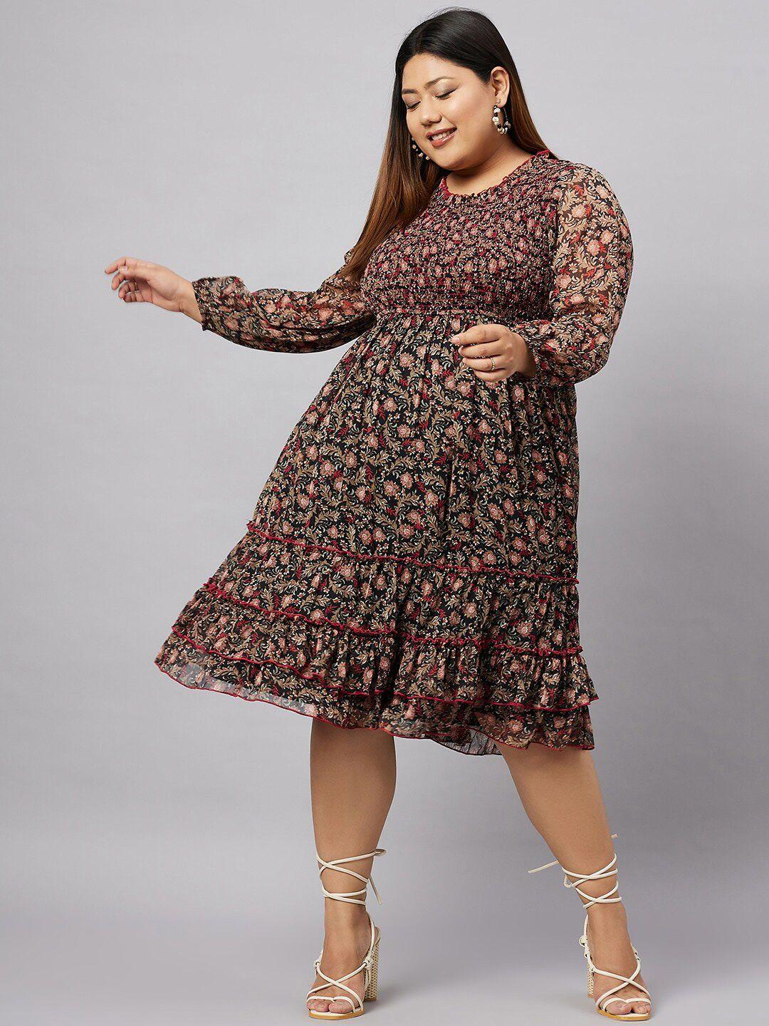 antheaa curve plus size floral printed puff sleeves tiered chiffon a-line dress