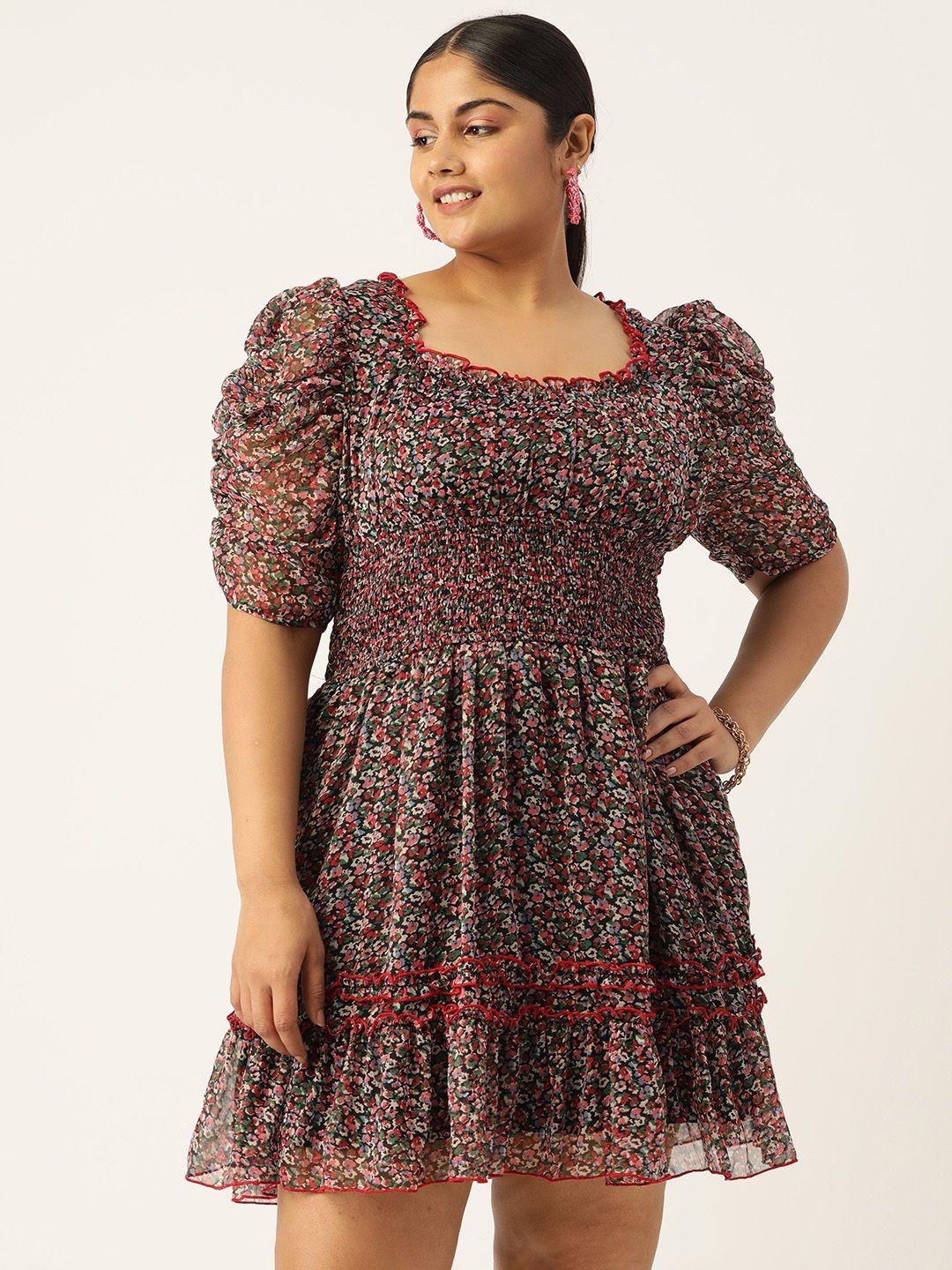 antheaa curve plus size floral printed smocked tiered chiffon dress