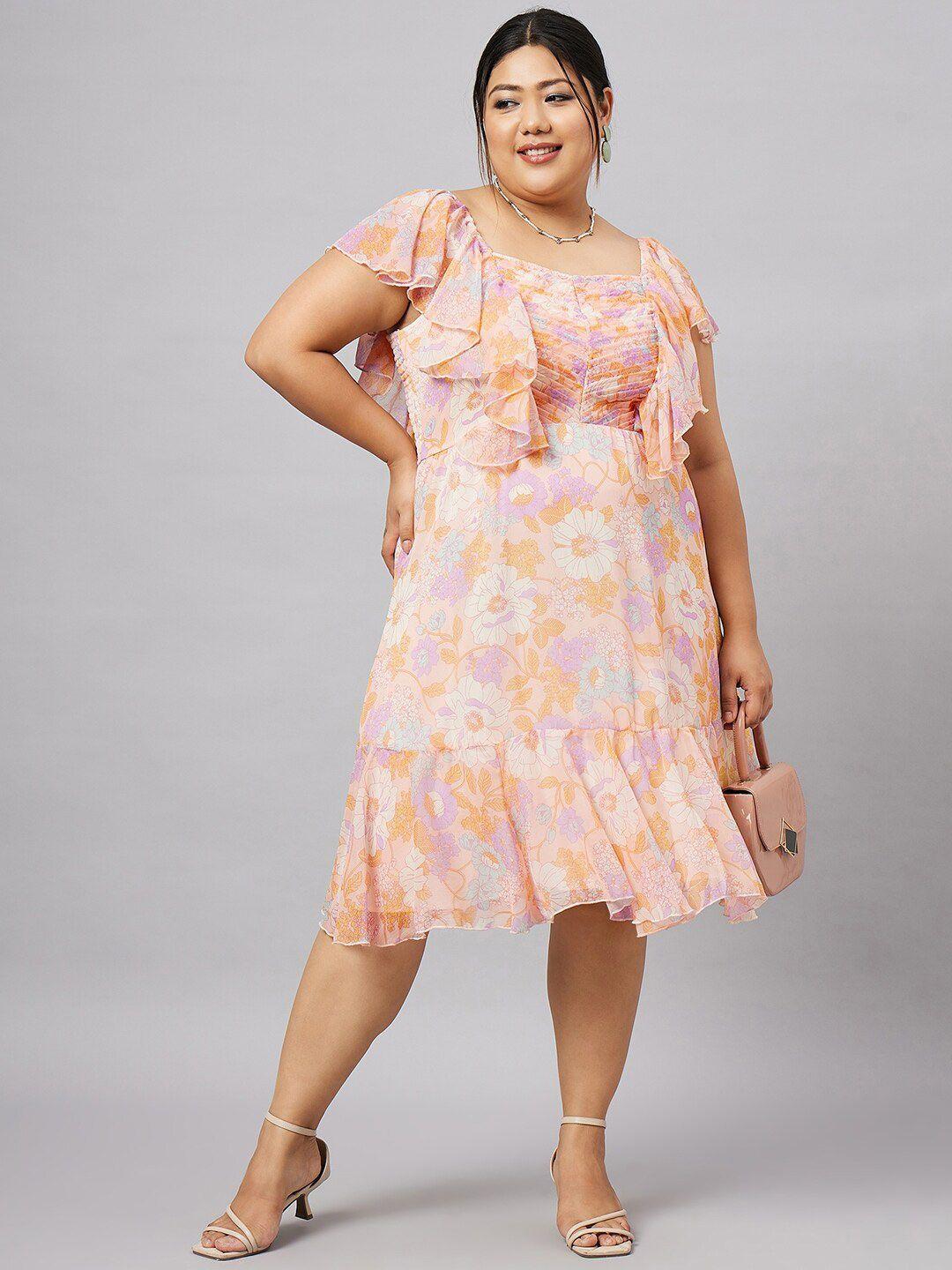 antheaa curve plus size floral printed square neck ruffles chiffon a-line dress