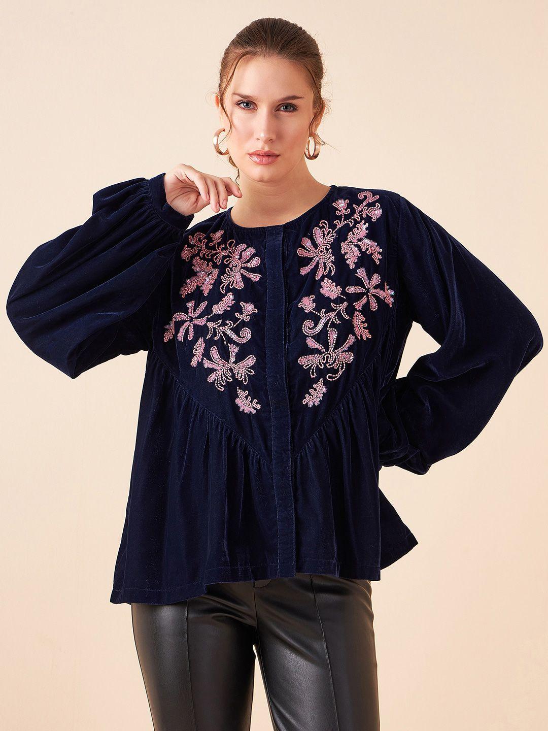 antheaa floral embroidered round neck puff sleeve top